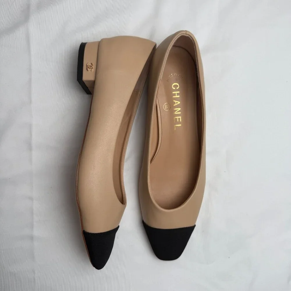 Designer Inspired Beige & Black Cap Toe Ballerina Flats Size 40 (US 9) old money - Picture 2 of 12